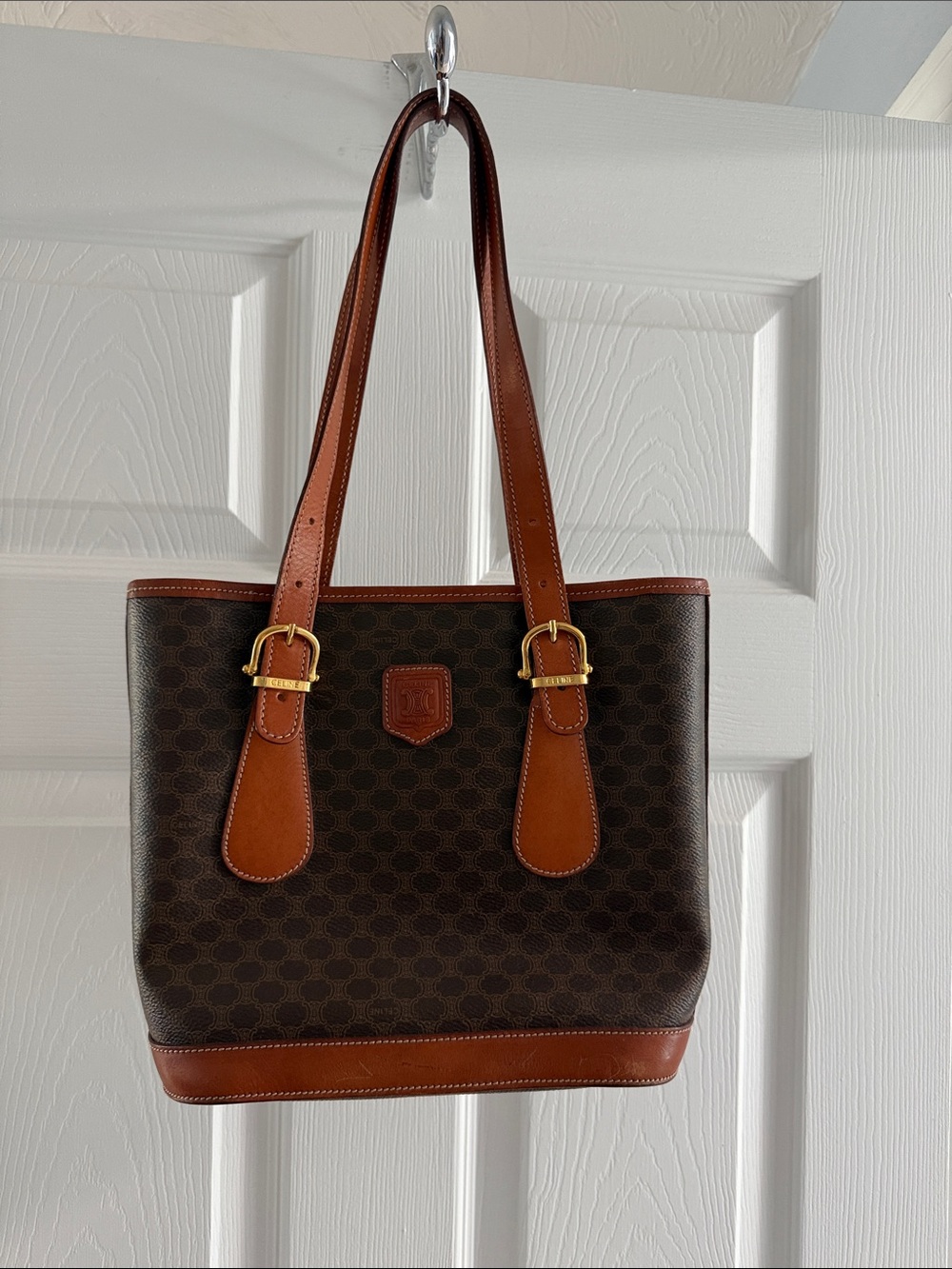 Celine Brown Monogram Tote with Tan Leather Trim and Gold Hardware